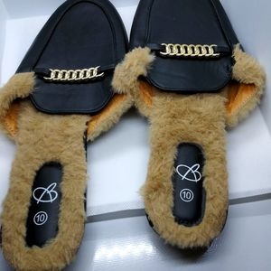 Mule loafer black faux style shoes with fake fur